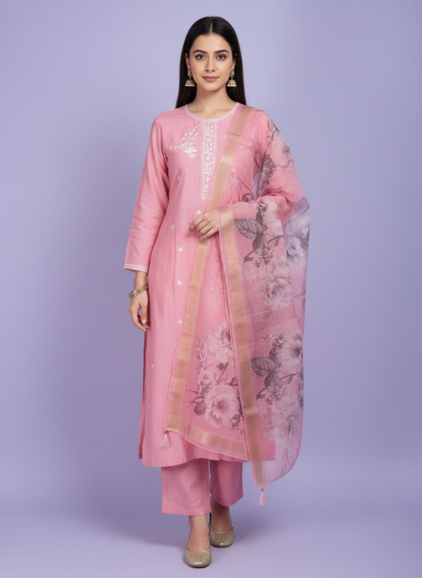 Blush Pink Premium Silk Blend Straight Kurta Set with Intricate White Embroidery and Zari-Border Floral Dupatta