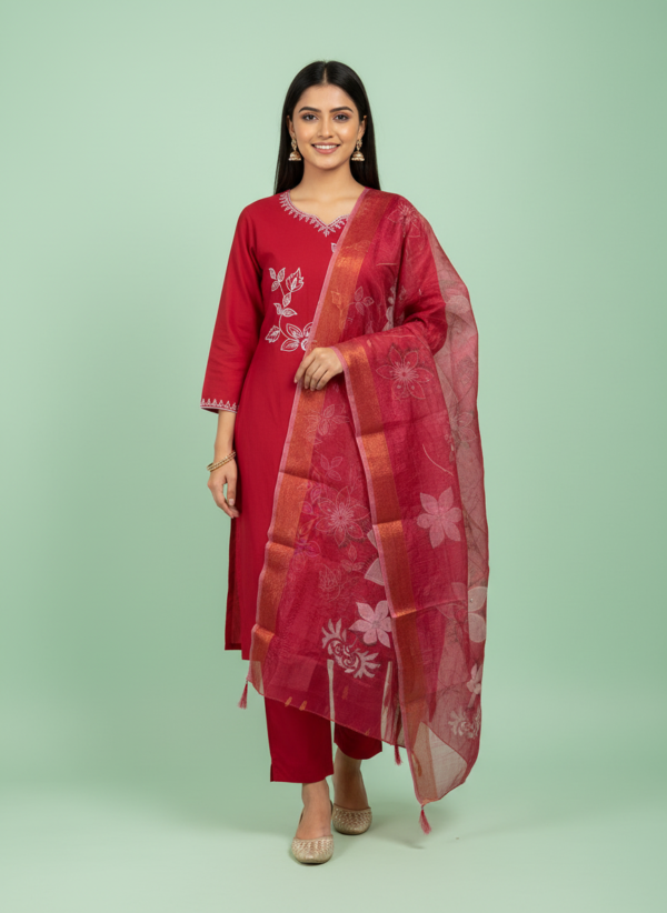 Crimson Red Premium Silk Blend Straight Kurta Set with White Floral Embroidery and Zari-Border Organza Dupatta