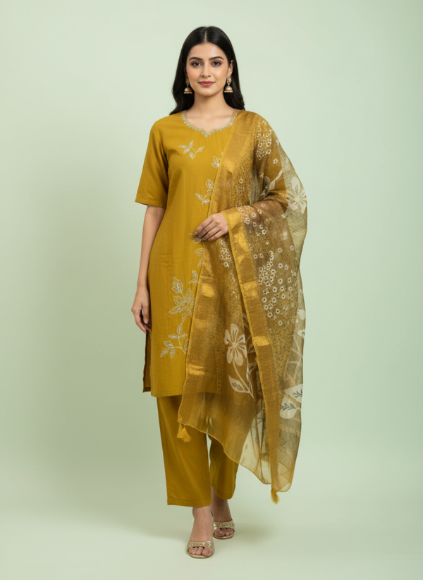 Mustard Olive Premium Silk Blend Straight Kurta Set with Fine Vine Embroidery and Zari-Border Organza Dupatta