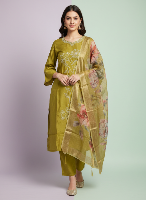 Mehendi Olive Premium Silk Blend Straight Kurta Set with Intricate White Floral Embroidery and Zari-Border Dupatta