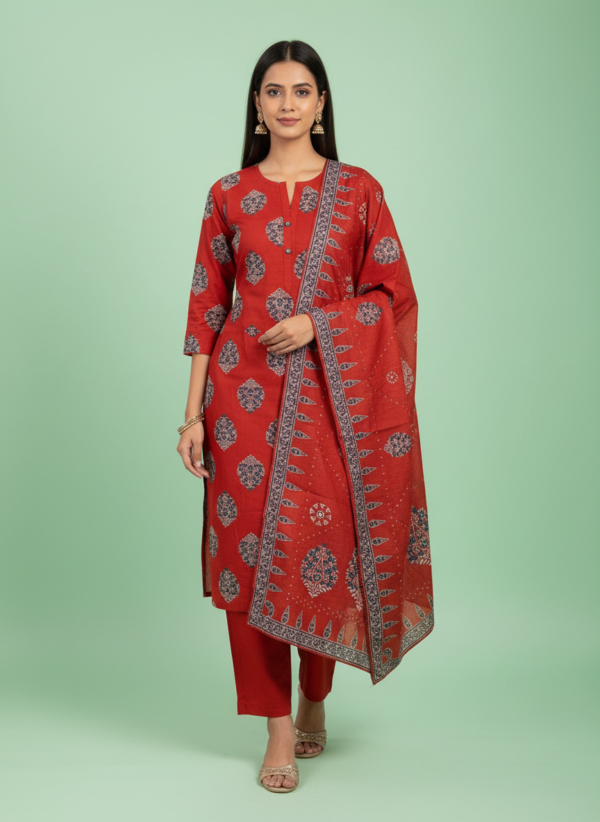 Brick Red Printed Cotton 3-Piece Kurta Set with Indigo Motif Accents