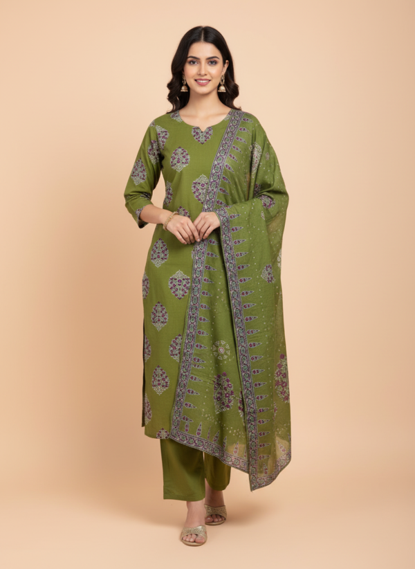 Olive Green Printed Cotton 3-Piece Kurta Set with Purple Motif Accents