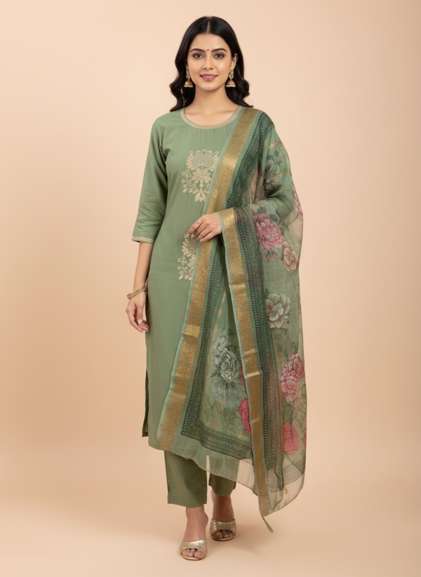 Sage Green Silk Blend 3-Piece Kurta Set with Gold Zari Embroidery