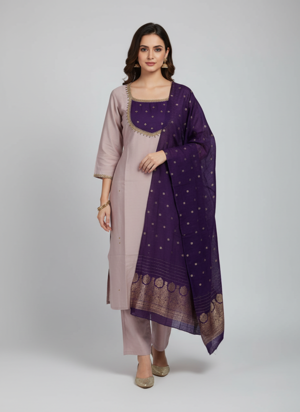 Mauve Silk Blend 3-Piece Kurta Set with Royal Violet Zari Dupatta