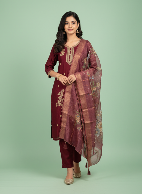 Maroon Silk Blend 3-Piece Kurta Set with Gold Zari Work and Printed Dupatta