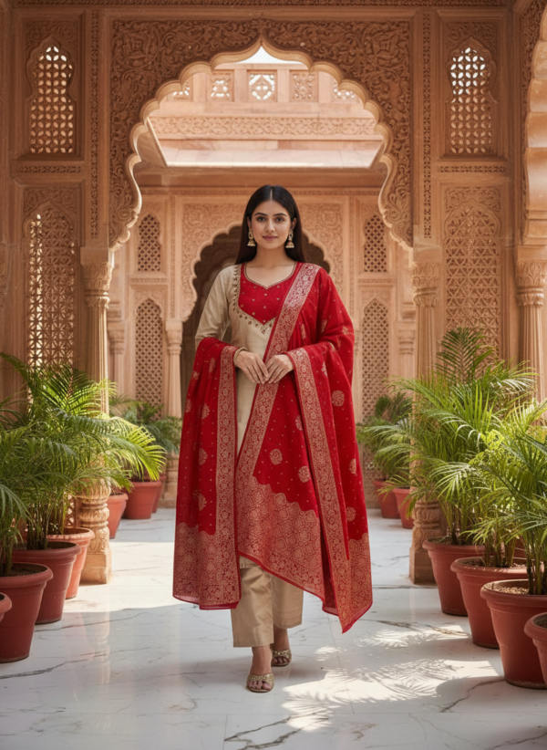 Beige Silk Blend 3-Piece Kurta Set with Red Embroidered Yoke and Zari Dupatta