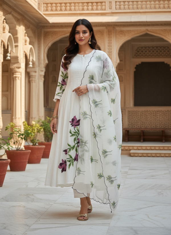 Off-White Cotton Silk Flared Anarkali Set with Purple Floral Vine Art