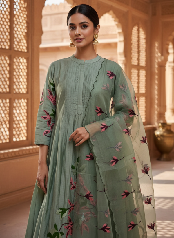 Muted Sage Green Cotton Silk Flared Anarkali Set with Floral Vine Embroidery