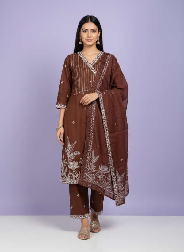 Chocolate Brown Silk Blend 3-Piece Kurta Set with White Botanical Art
