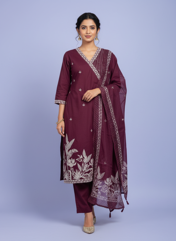 Deep Wine Purple Silk Blend 3-Piece Kurta Set with White Botanical Art