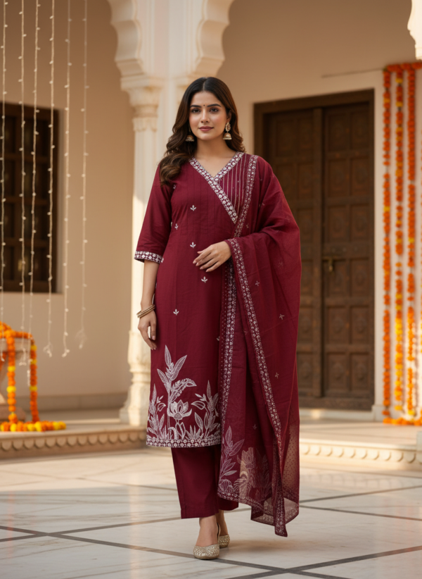 Deep Maroon Silk Blend 3-Piece Kurta Set with White Botanical Art
