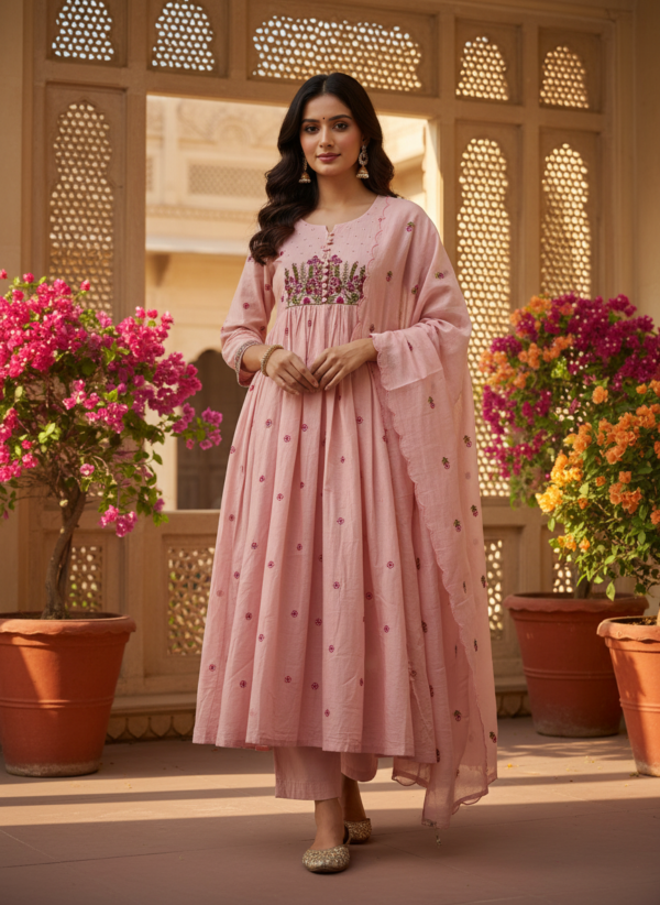 Pastel Pink Cotton Silk 3-Piece Flared Anarkali Set with Magenta Embroidery