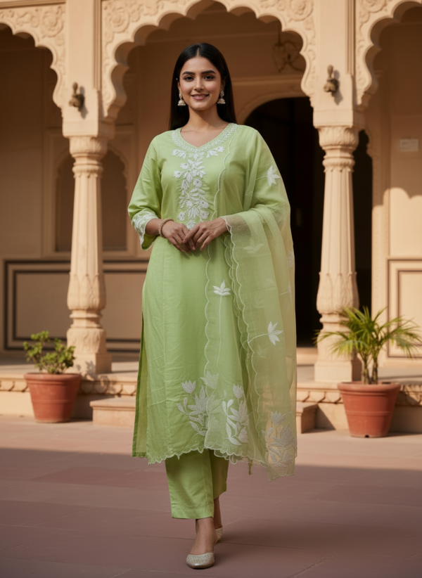 Pista Green Silk Blend 3-Piece Kurta Set with White Floral Embroidery