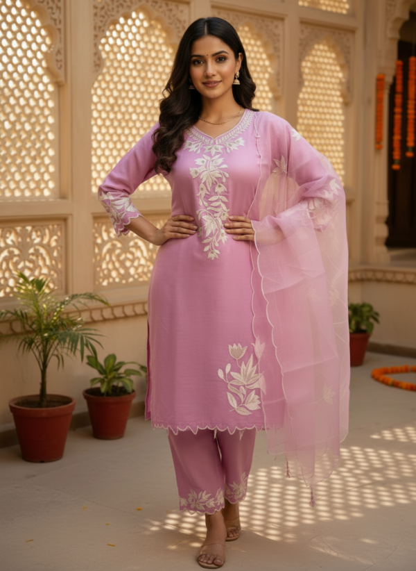 Lavender Lilac Silk Blend 3-Piece Kurta Set with White Floral Embroidery