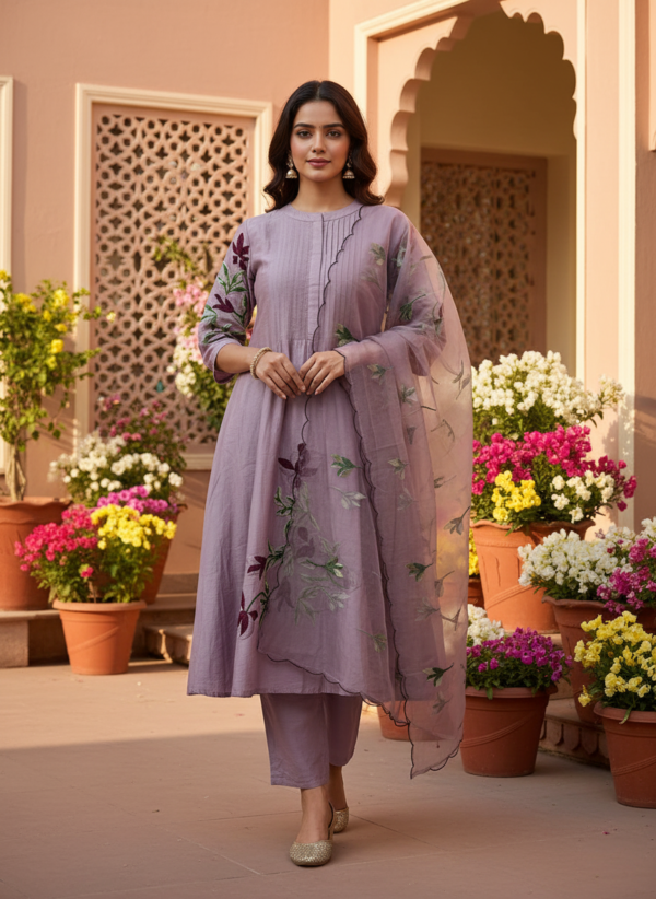 Mauve Lavender Silk Blend Flared Anarkali Set with Floral Vine Embroidery
