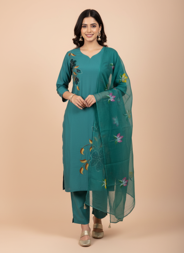Teal Green Silk Blend 3-Piece Kurta Set with Hand-Painted Floral Motifs