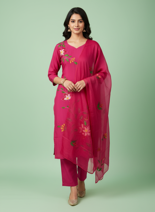 Rani Pink Silk Blend 3-Piece Kurta Set with Hand-Painted Floral Motifs