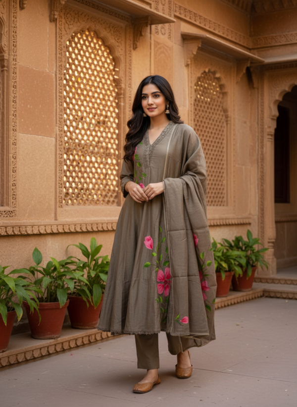 Taupe Brown Cotton Silk 3-Piece Flared Anarkali Set with Pink Floral Art