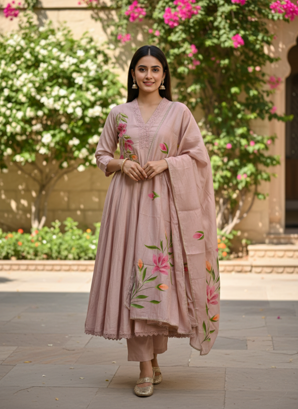 Dusty Pink Cotton Silk 3-Piece Flared Anarkali Set with Floral Art