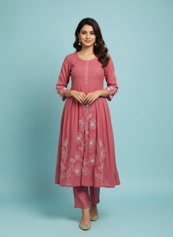 Old Rose Pink Cotton Silk Flared Anarkali Set with Fine White Embroidery