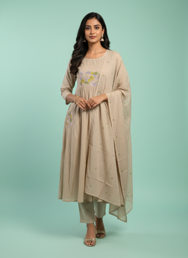 Beige Cotton Silk 3-Piece Flared Anarkali Set with Floral Embroidery & Pocket