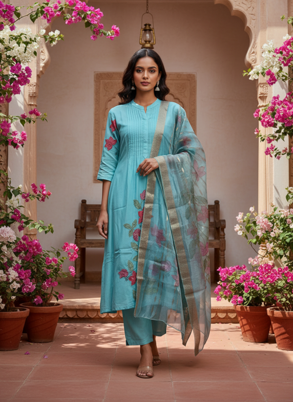 Turquoise Blue Cotton Silk Flared Anarkali Set with Rose Floral Embroidery