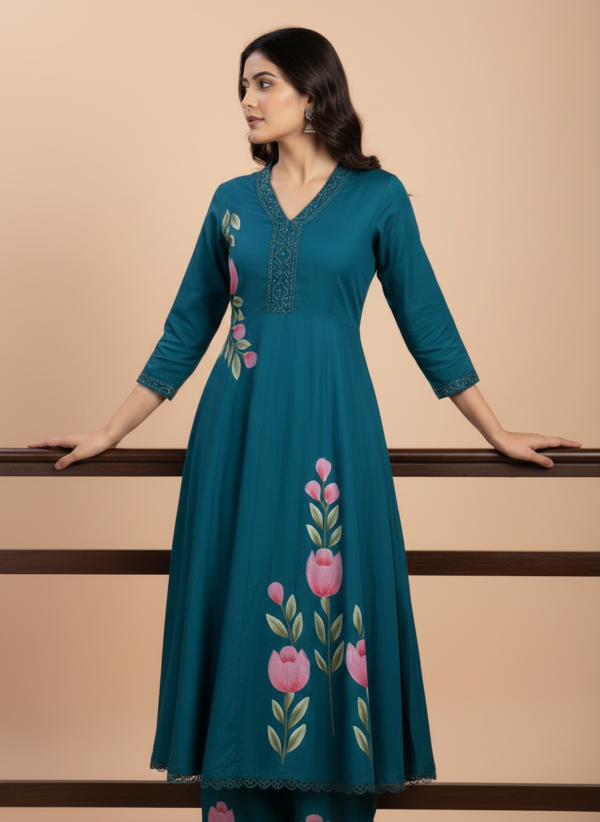 Teal Blue Cotton Silk 3-Piece Flared Anarkali Set with Pink Tulip Art