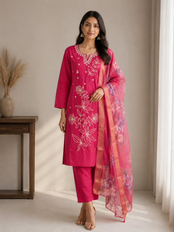 Rani Pink Premium Silk Blend Straight Kurta Set with Intricate White Vine Embroidery and Zari-Border Dupatta