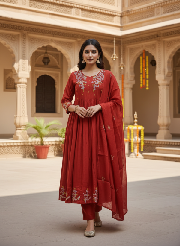 Rust Red Cotton Silk 3-Piece Flared Anarkali Set with Intricate Embroidery