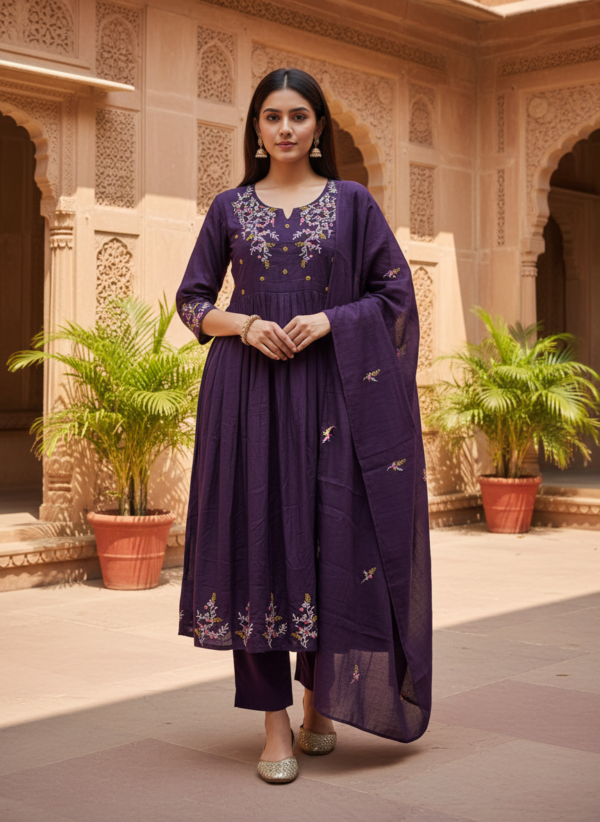 Royal Purple Cotton Silk 3-Piece Flared Anarkali Set with Intricate Embroidery