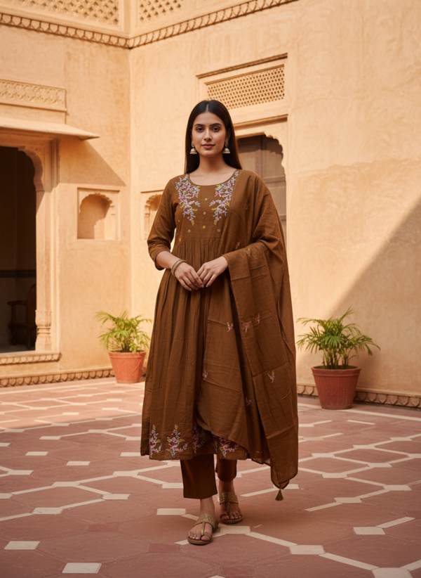 Coffee Brown Cotton Silk 3-Piece Flared Anarkali Set with Intricate Embroidery