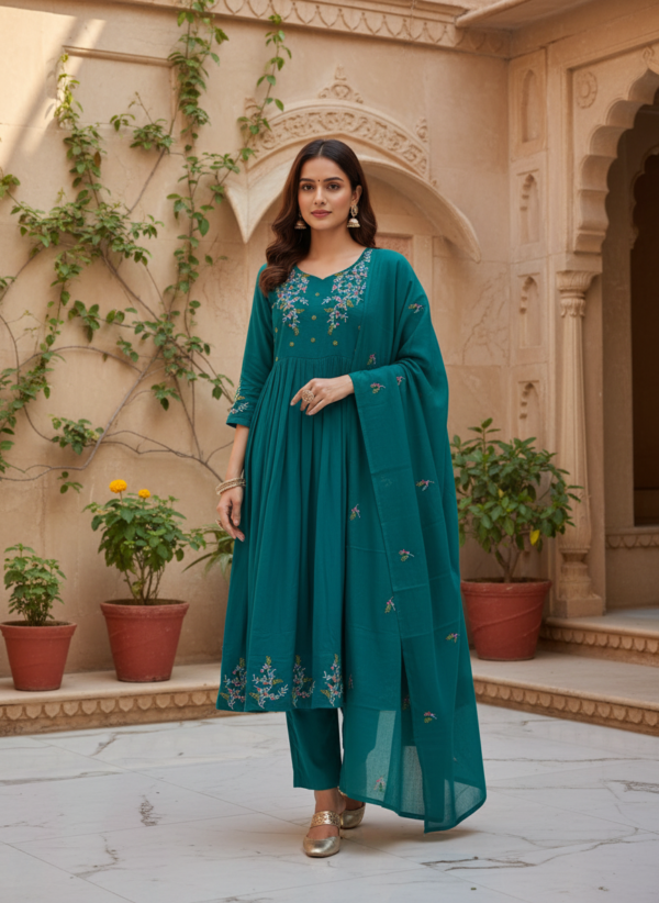 Teal Green Cotton Silk 3-Piece Flared Anarkali Set with Intricate Embroidery