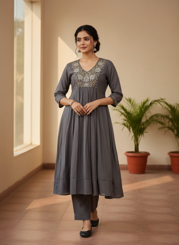 Slate Grey Cotton Silk 3-Piece Flared Anarkali Set with Embroidered Yoke