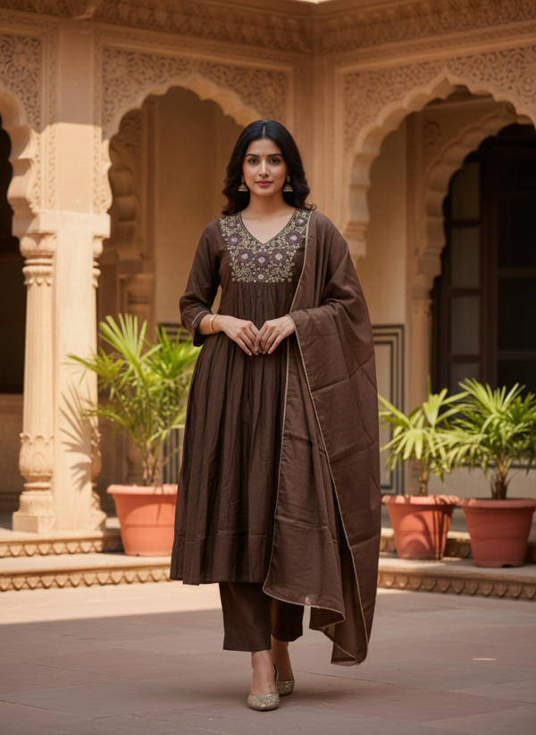 Coffee Brown Cotton Silk 3-Piece Flared Anarkali Set with Embroidered Yoke
