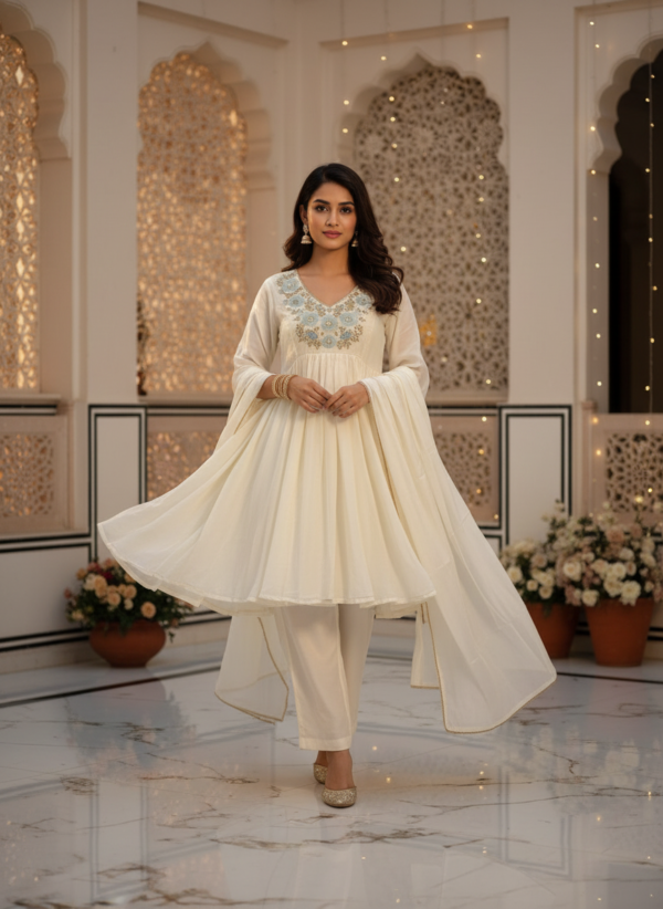 Off-White Cotton Silk 3-Piece Flared Anarkali Set with Embroidered Yoke