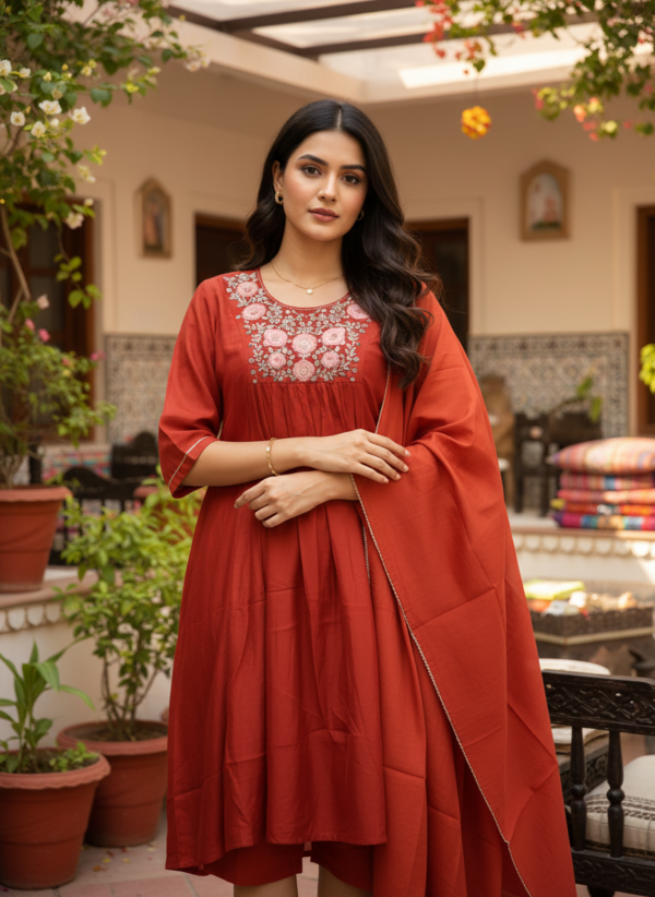 Rust Red Cotton Silk 3-Piece Flared Anarkali Set with Embroidered Yoke