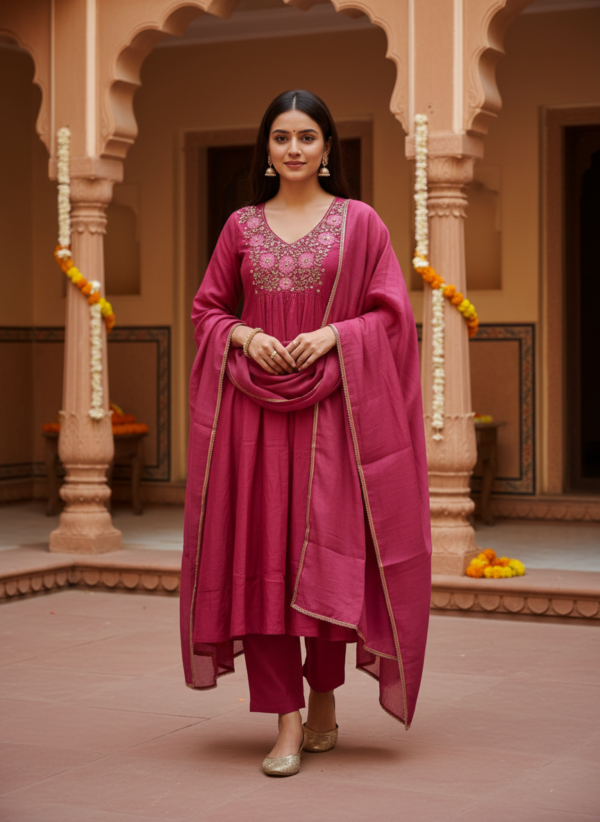 Magenta Pink Cotton Silk 3-Piece Flared Anarkali Set with Embroidered Yoke