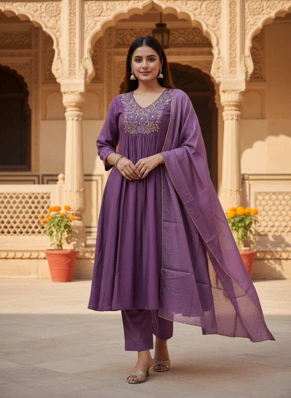 Mauve Purple Cotton Silk 3-Piece Flared Anarkali Set with Embroidered Yoke