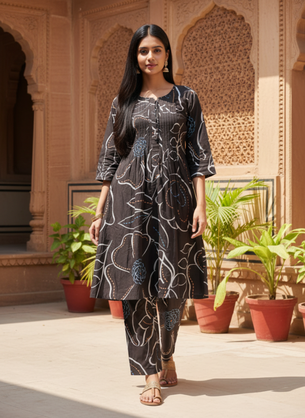 Charcoal Black Printed Cotton 2-Piece Kurta Set with Pin-Tucks and Keyhole Neck