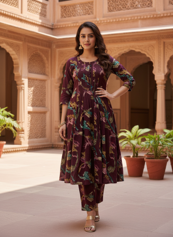 Deep Wine Printed Cotton 2-Piece Kurta Set with Pin-Tucks and Button Placket