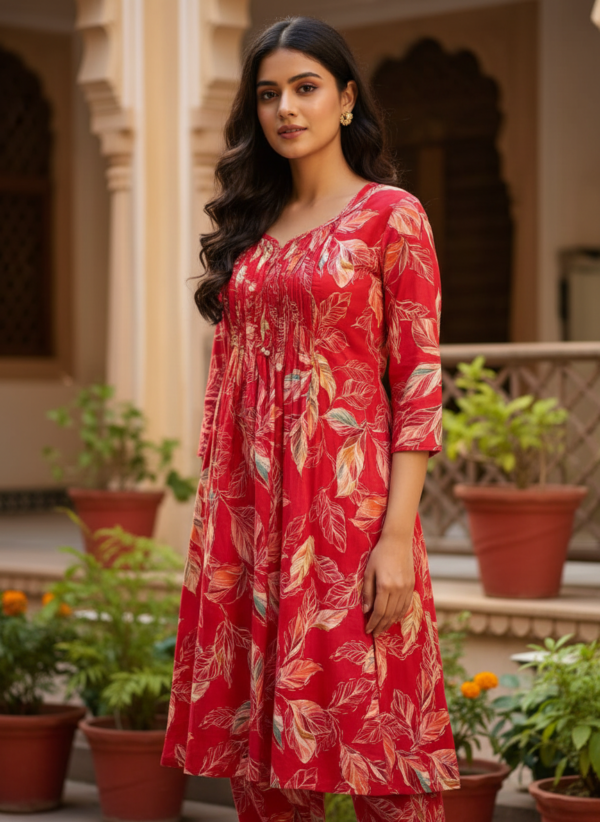 Crimson Red Printed Cotton 2-Piece Kurta Set with Pin-Tucks and Leaf Print