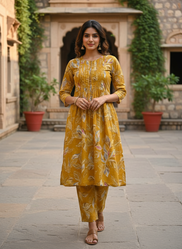 Mustard Yellow Printed Cotton 2-Piece Kurta Set with Pin-Tucks