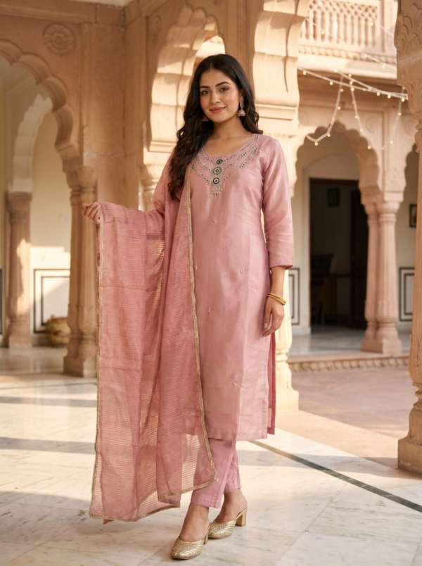 Blush Pink Embroidered Kurta Pant Set with Dupatta